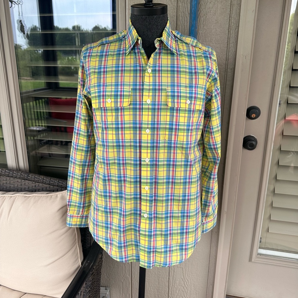 POLO Ralph Lauren Men’s Yellow & Blue Plaid LS Shirt with Epaulets - Size MED - Picture 7 of 12